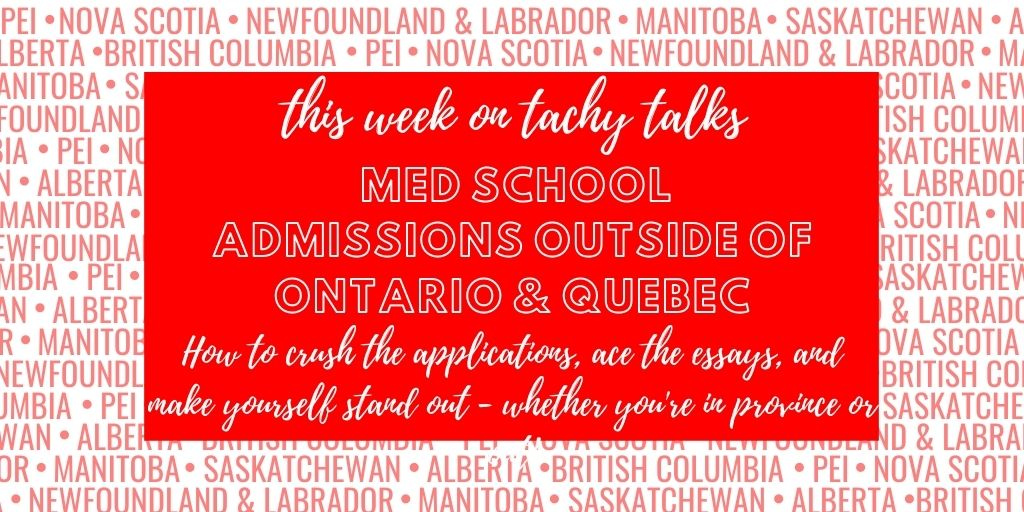 Check out this week's episode about applying to Canadian medical schools outside of Ontario & Quebec! The Tachy Talks Team chat about GPA, MCAT, essays & more! Watch or listen at the link in our bio. #premedtwitter #medtwitter #premedadvice