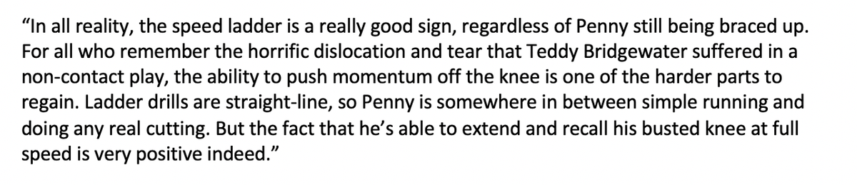I was able to find this quote from a doctor commenting on the video. (I was unable to locate his name.)It is anticipated that Penny will be ready to roll by weeks 4 or 5.