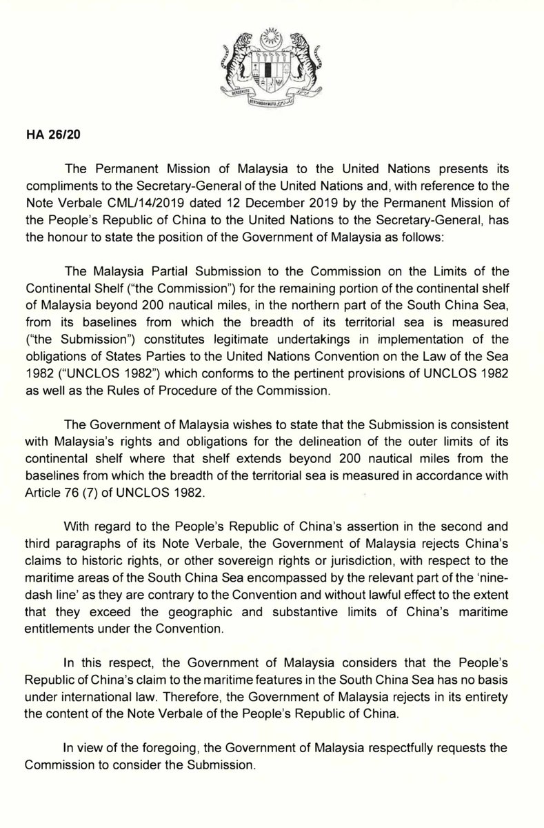Malaysia has underscored its longstanding legal position on the South China Sea in a note verbale to the Commission on the Limits of the Continental Shelf (CLCS).