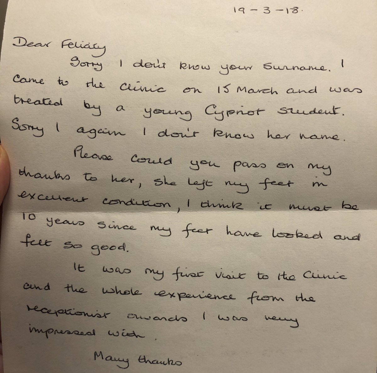 GreenwichOxPod's tweet photo. We were clearing out our office this week &amp; we found this letter from a patient (2018). A lovely handwritten compliment to our Podiatrist, Podiatry student &amp; receptionist! Huge thanks to Wendy &amp; Lorraine, receptionists at Kidbrooke, for being such an amazing part of our team 🙌 https://t.co/nGnMOuTpPp