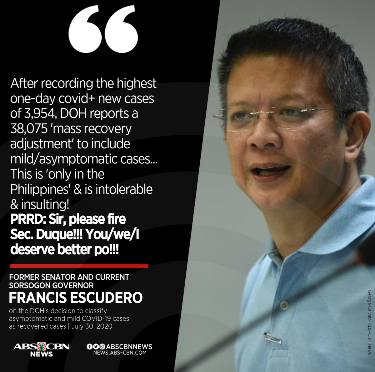 ABSCBNNews's tweet photo. Tila napuno na si former senator Chiz Escudero sa DOH matapos magdesisyon ang naturang ahensiya na ideklarang "recovered" na ang mga pasyenteng may mild na sintomas o asymptomatic. https://t.co/nsuZIgiTEj