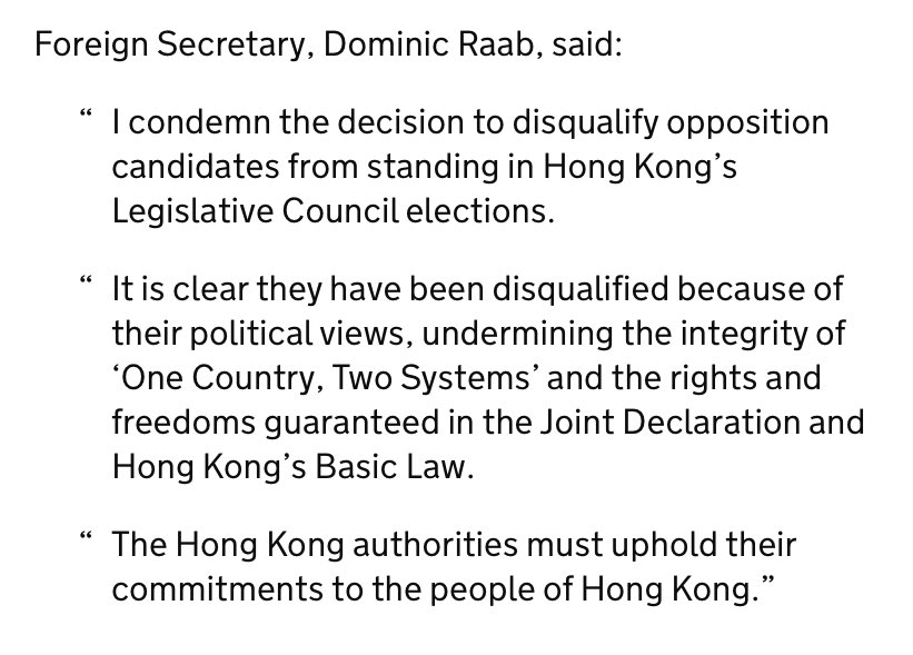 lukedepulford's tweet photo. Breaking: statement from @DominicRaab condemning the disqualifications of democratic candidates in #HongKong https://t.co/g8dvjDXNLC