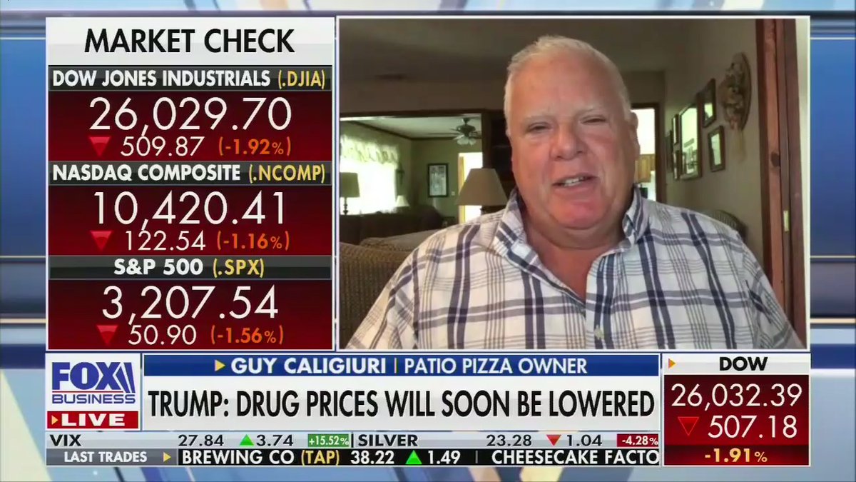 150,000 dead from a pandemic, GDP down 9.5% for the quarter, millions out of work, no Senate rescue package in sight, and the president is promoting a pizza restaurant because its owner is praising him on TV.Left, Fox Business' Varney & Co., 10:21 a.m.Right, Trump, 10:26 a.m.