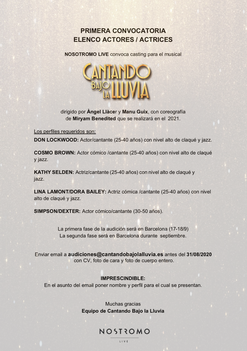🎬CONVOCATORIA ELENCO🎬

Se abre la convocatoria para elegir a los principales intérpretes☔️⭐️

Los interesadxs deberán mandar su candidatura antes del 31/8 al correo electrónico: audiciones@cantandobajolalluvia.es

Los castings serán en Barcelona. Toda la info a continuación👇🏽