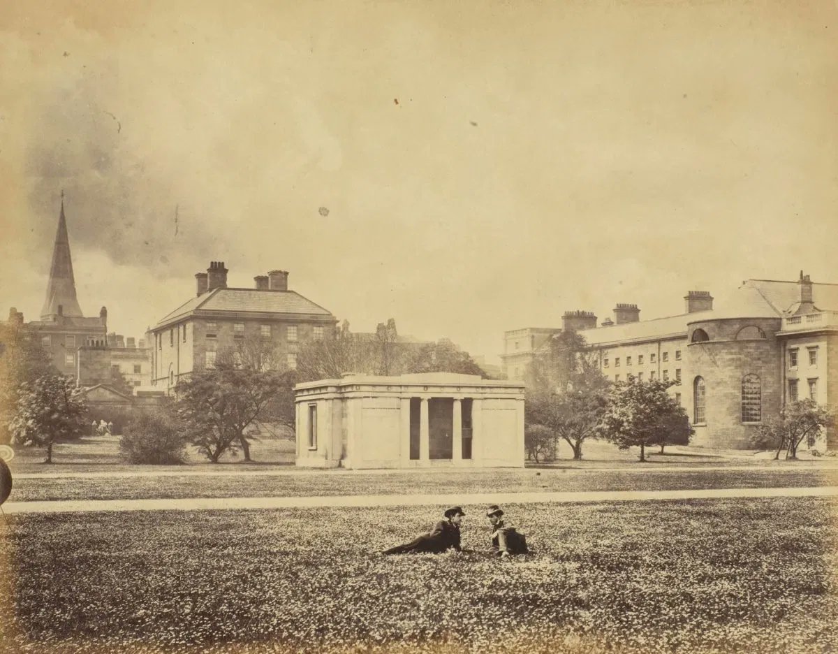 Trinity College. Due to the nature of the magnetic research that was to take place within, all the materials used in its construction had to be devoid of magnetic influence, so copper, brass & gun-metal were substituted for iron. Humphrey Lloyd, Rev. Prof. of Natural & (2/7)