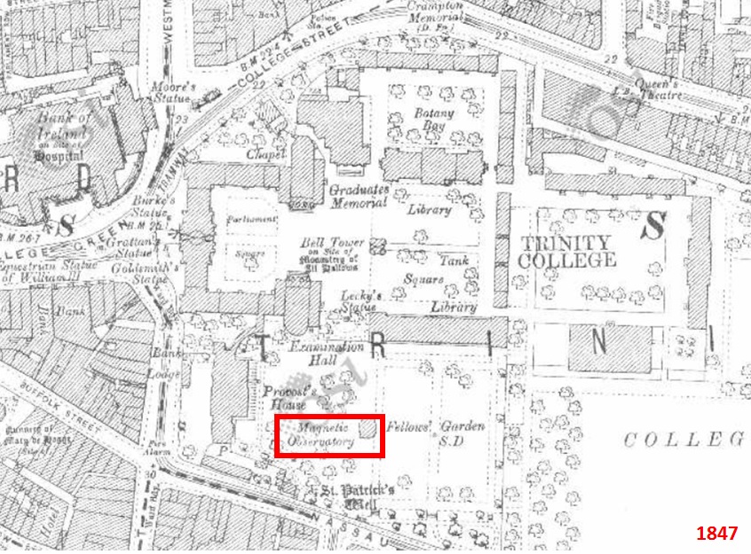 Trinity College. Due to the nature of the magnetic research that was to take place within, all the materials used in its construction had to be devoid of magnetic influence, so copper, brass & gun-metal were substituted for iron. Humphrey Lloyd, Rev. Prof. of Natural & (2/7)