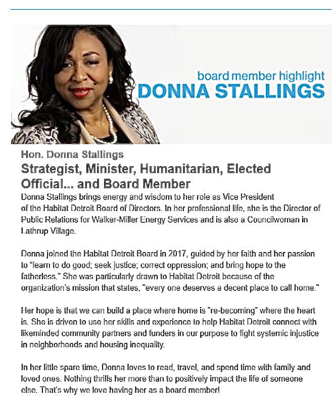 EnergyBillSave's tweet image. Staff Spotlight: Donna Stallings, Director of Public Relations 
 
WMES’s Donna Stallings was recently highlighted as the Vice President of the @habitatdetroit Board of Directors. Read her featured post below. #WMES #staffspotlight #habitatforhumanity #boardmember