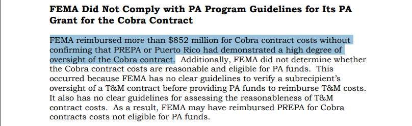The report also criticizes FEMA for failing to verify that Cobra was being properly supervised before releasing federal funds