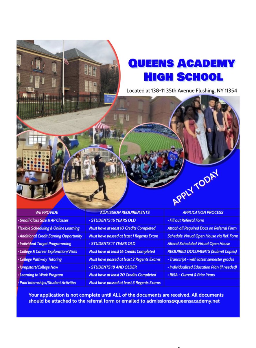 Queens Academy HS are currently accepting applications for the 2020-2021 SY! #nycdoe #access #citywide #transferhighschools #championsforchildren #queens #nyc