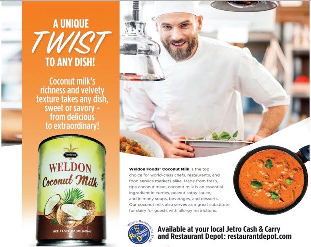• Our Weldon Coconut Milk is the top choice for world-class chefs, restaurants, and food service markets 

• Our coconut milk serves as a great substitute for dairy products for guests with allergy restrictions