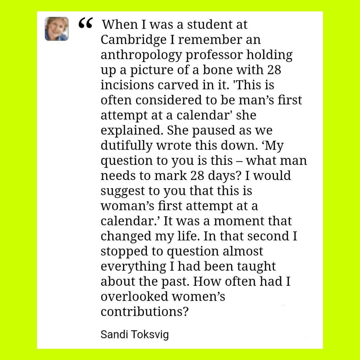 the_female_lead's tweet photo. This is powerful 👇

"In that second I stopped to question almost everything I had been taught about the past. How often had I overlooked women's contributions" Sandi Toksvig https://t.co/he9vSP1JE0