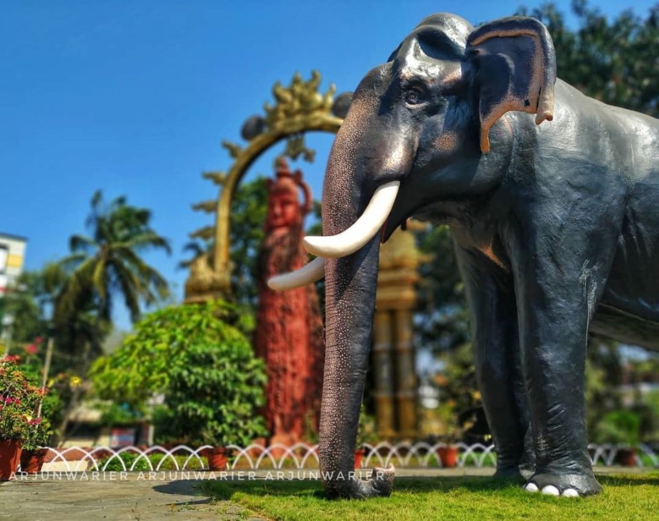.. his soul departed from his body to attain the eternal realm of Vaikuntha.A 12 – feet high concrete statue of the elephant Kesavan has been executed by the temple members at the spot in front of the Panchajanyam Rest House – a fitting memorial indeed for a unique devotee.