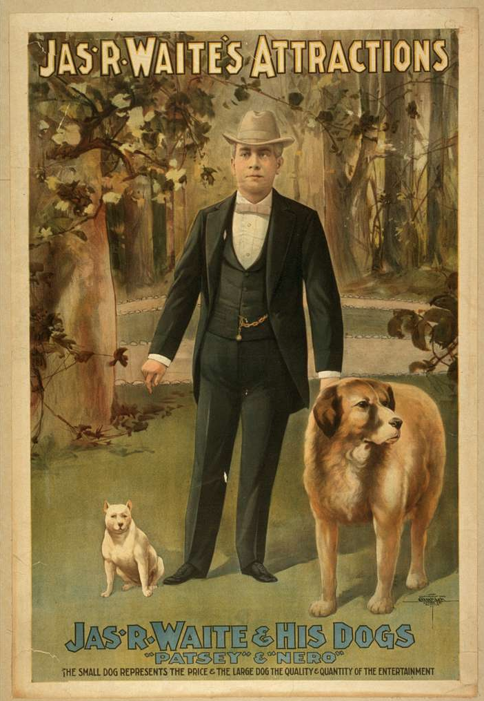 This poster has a charmingly awkward energy — as if the artist arrived while Mr White and Nero (I assume that's the big dog's name) were in the middle of a tiff.Great caption at the bottom of this one though!(1899)