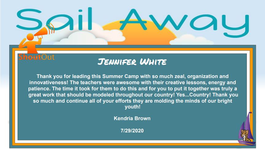 Jennifer White (@jmwhitewhite) on Twitter photo Thank you Ms. Brown for the Shout-Out! I'm grateful for the opportunity to serve the JAG Community as <a href="/JonesECPKK_AISD/">Jones EC/PK/K School</a> Site Coordinator for Summer Camp 2020 <a href="/SailAway_AISD/">Aldine ISD Primary Summer Camp</a>.
<a href="/RosalindBurns9/">Rosalind Burns</a>
<a href="/StephanieGVann/">Stephanie Vann</a>
<a href="/drgoffney/">Dr. LaTonya M. Goffney</a>
#AldineSummer
#JagSwagContinues Thank you Ms. Brown for the Shout-Out! I'm grateful for the opportunity to serve the JAG Community as <a href="/JonesECPKK_AISD/">Jones EC/PK/K School</a> Site Coordinator for Summer Camp 2020 <a href="/SailAway_AISD/">Aldine ISD Primary Summer Camp</a>.
<a href="/RosalindBurns9/">Rosalind Burns</a>
<a href="/StephanieGVann/">Stephanie Vann</a>
<a href="/drgoffney/">Dr. LaTonya M. Goffney</a>
#AldineSummer
#JagSwagContinues