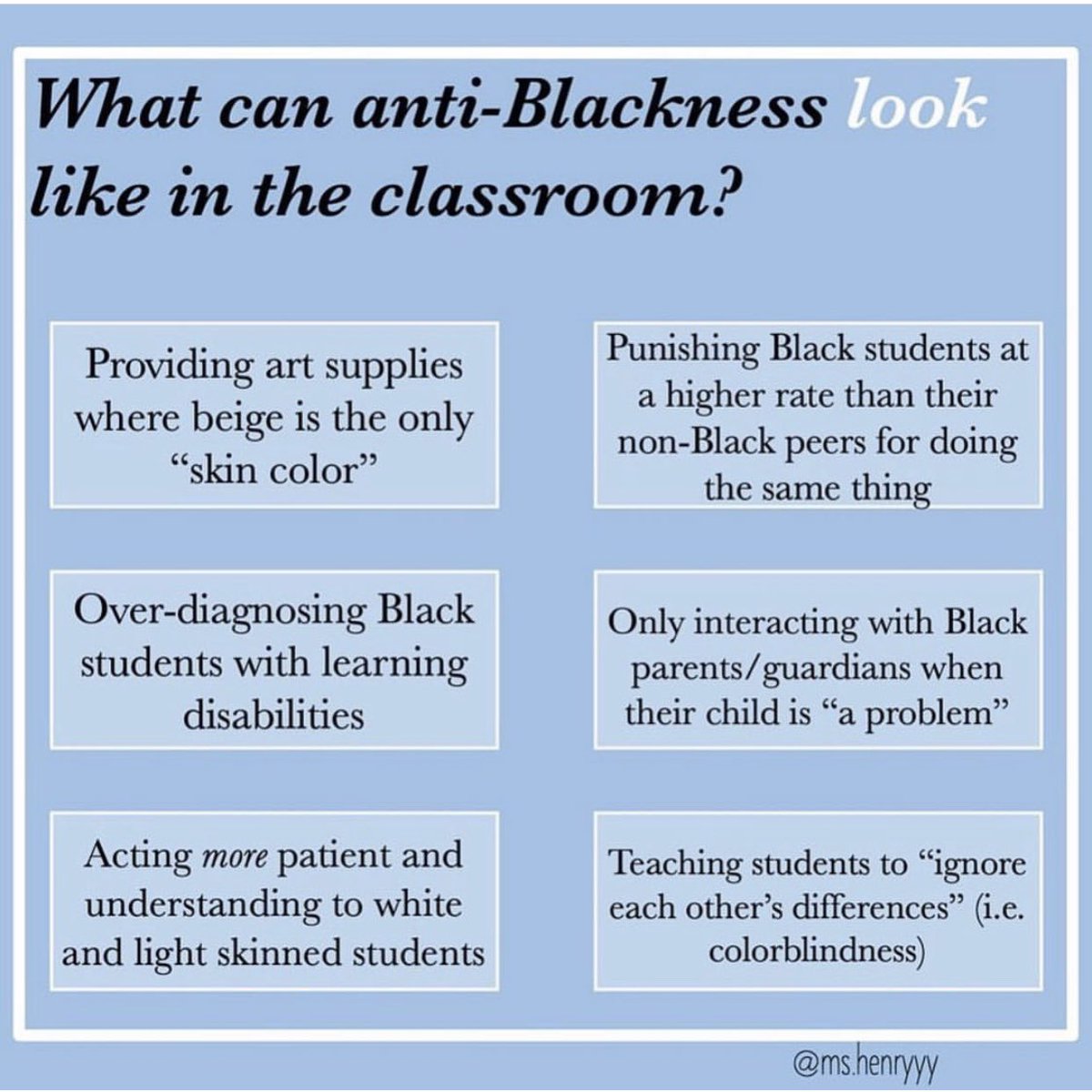 EdsForJustice's tweet photo. Raise your hand if any of this sounds familiar 🙋🏾♀️ How can we tackle anti-blackness in schools? Share your ideas below! 👇🏽
Source: @ms.henryyy on IG
#educatorsforjustice #antiblacknessinschools #blackstudentsmatter #blackteachersmatter https://t.co/iHwRU59Rsw