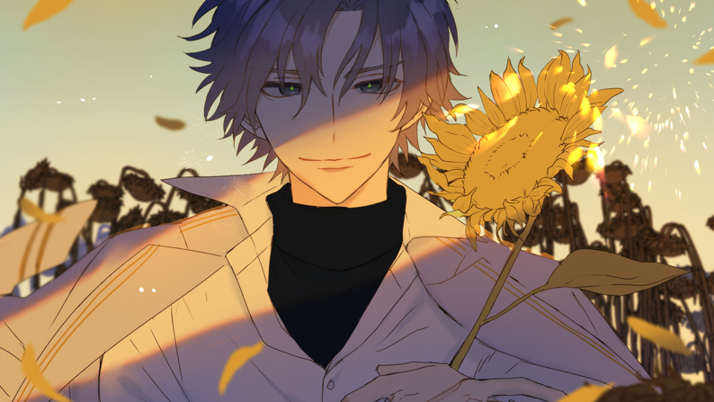 1boy flower male focus sunflower holding flower holding smile  illustration images