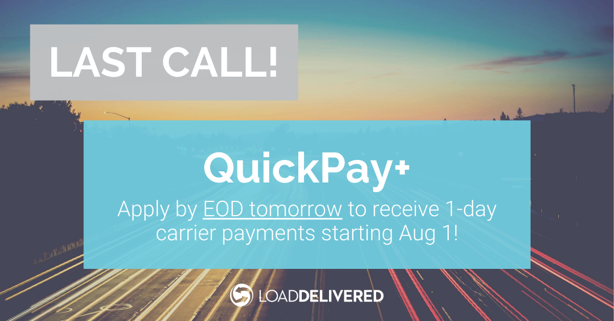 LOADDELIVERED's tweet photo. QuickPay+ is one of the industry's fastest ways for carriers to get paid. Receive free 1-day #carrierpayments in exchange for consistent volume. No fees, no hassles, just the cash flow you need within 24 hours of submitting paperwork. Learn more and apply: https://t.co/pprx8vTcha https://t.co/LPDdLUwIiw