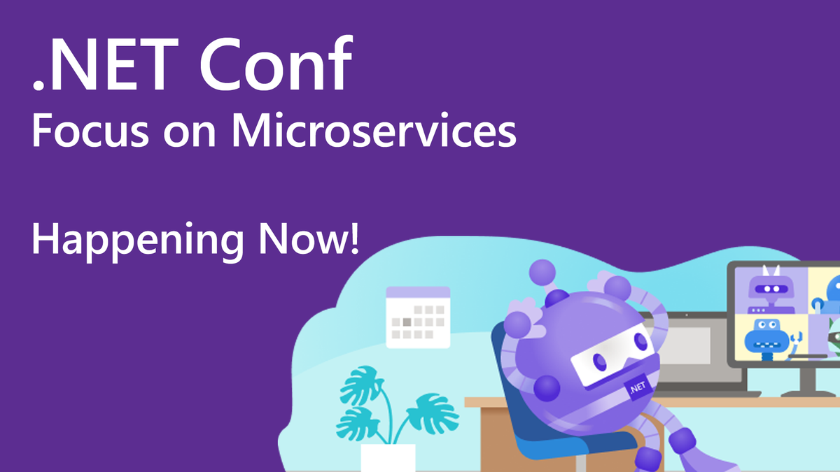 dotnet's tweet photo. Happening now! 
.NET Conf: Focus on Microservices
Tune in: https://t.co/VCXDoXpzLM
#dotNETConf https://t.co/jjRJrTmcXF