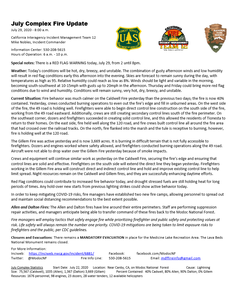 ModocNF's tweet image. Morning update for July 30, 2020 for the #JulyComplex 
inciweb.nwcg.gov/incident/artic…