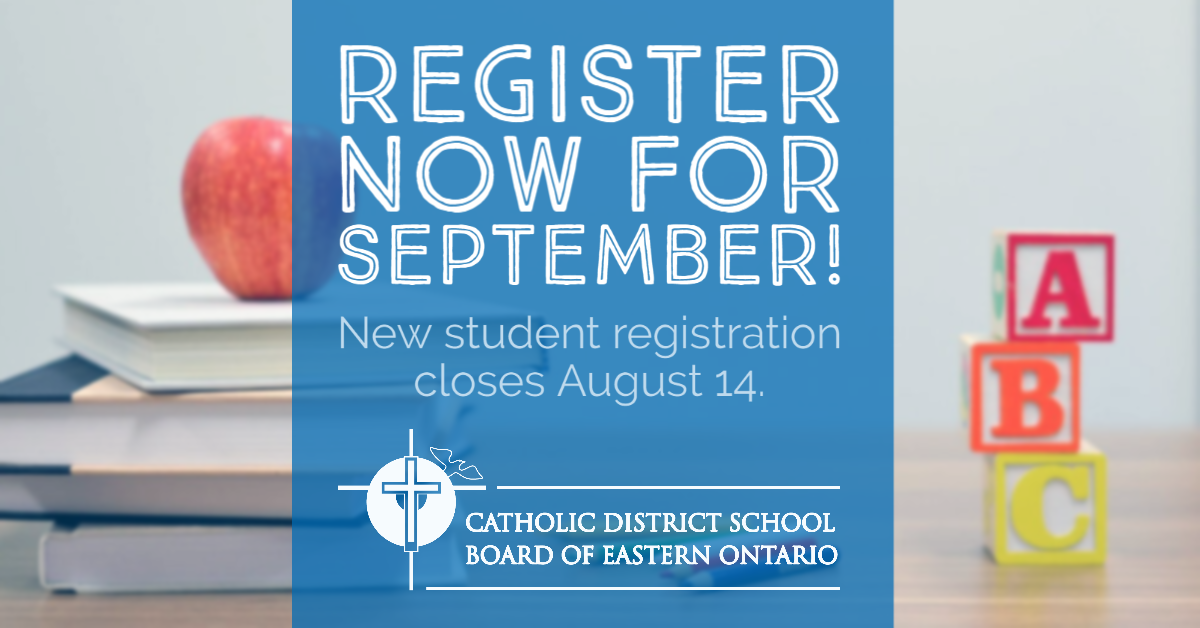 Please be advised that due to the unusual circumstances surrounding COVID-19, NEW student registrations for the 2020-2021 school year will close on August 14. This applies only to new students that are looking to register. Visit cdsbeo.on.ca/students-paren… for details.