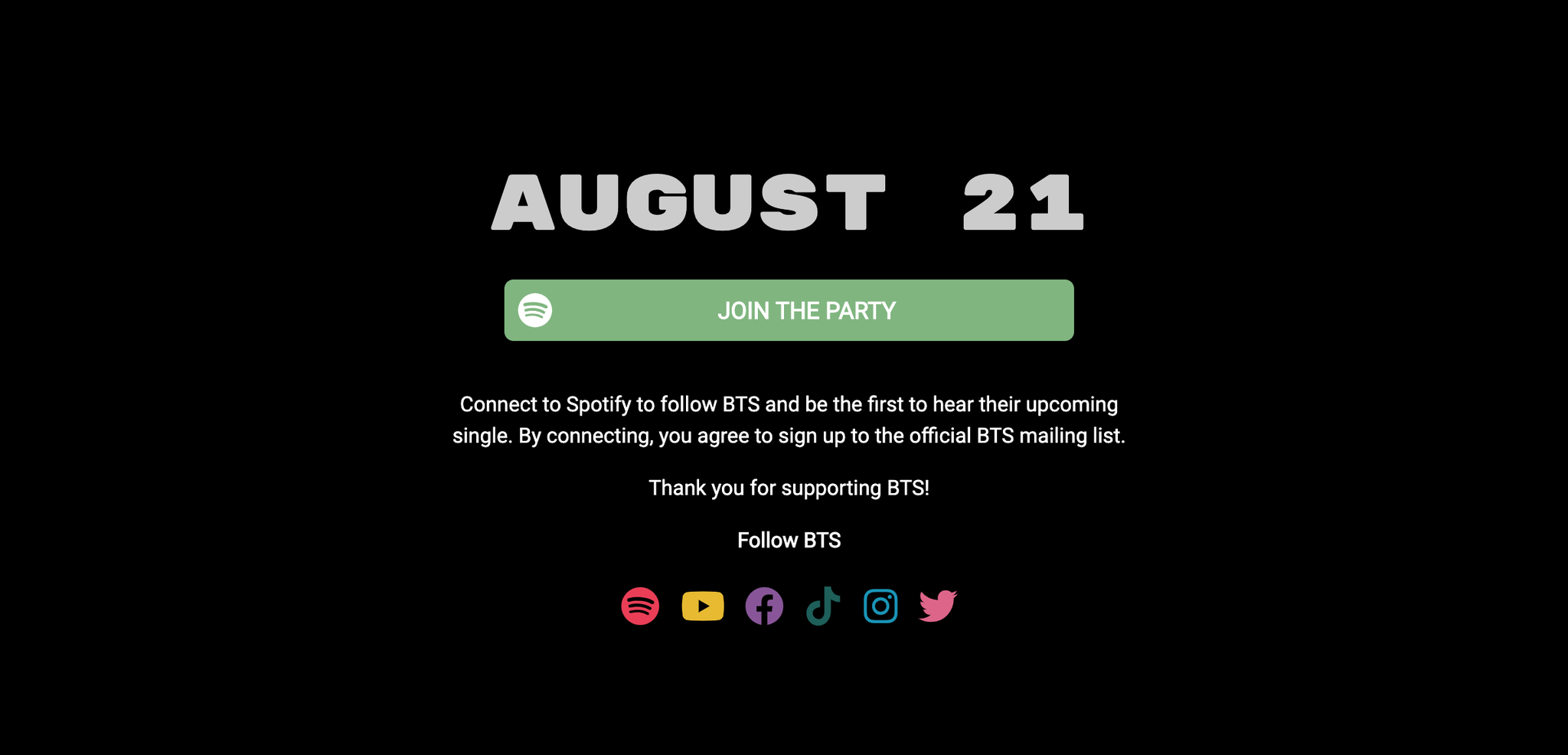 Columbia Records On Twitter Have You Joined The Bts Party Yet Be Sure To Connect With Spotify So You Can Get Access To The New Bts Song On August 21st Https T Co 6t6krifp46