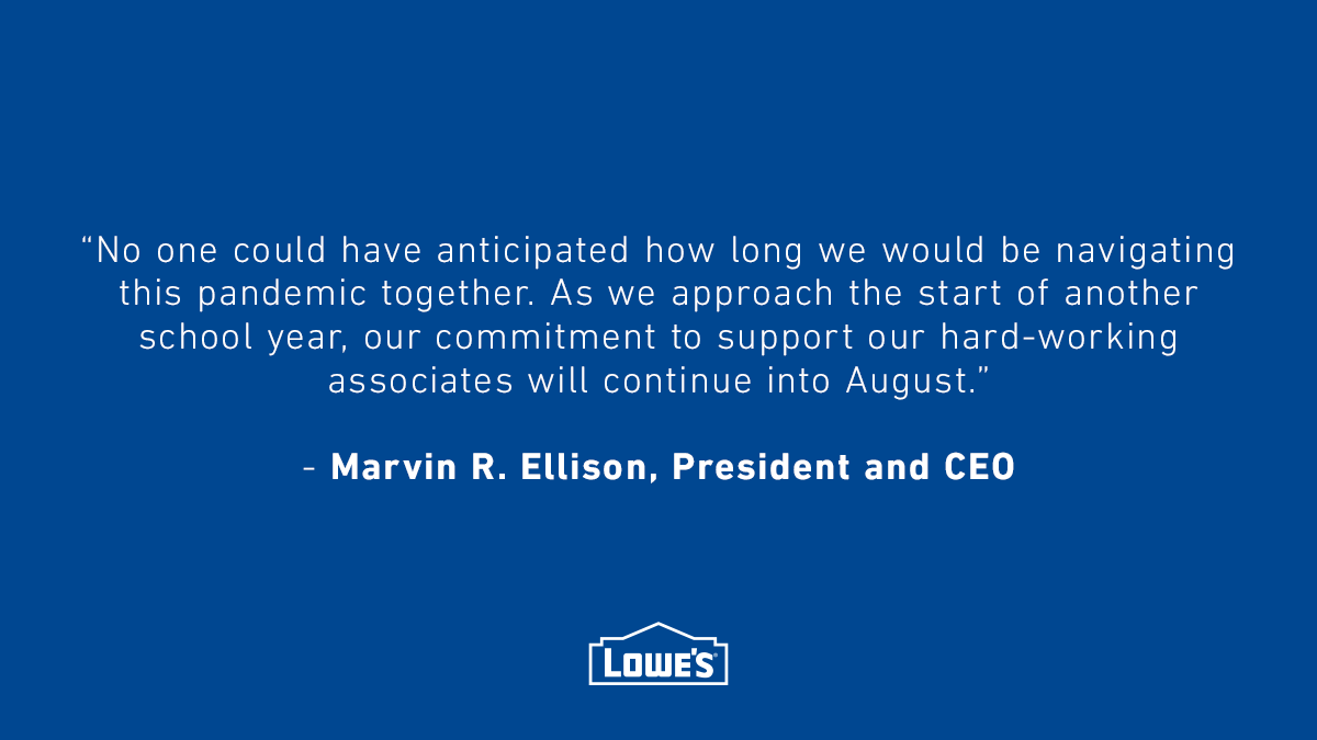Lowes's tweet photo. Due to the unexpected realities of COVID-19, we're proud to announce an additional $100M in bonuses to assist our hard-working associates with unforeseen expenses and hardships during this time.

Learn more about our ongoing pandemic support here: https://t.co/1mOGIHpDBj https://t.co/4SL6uU31tN
