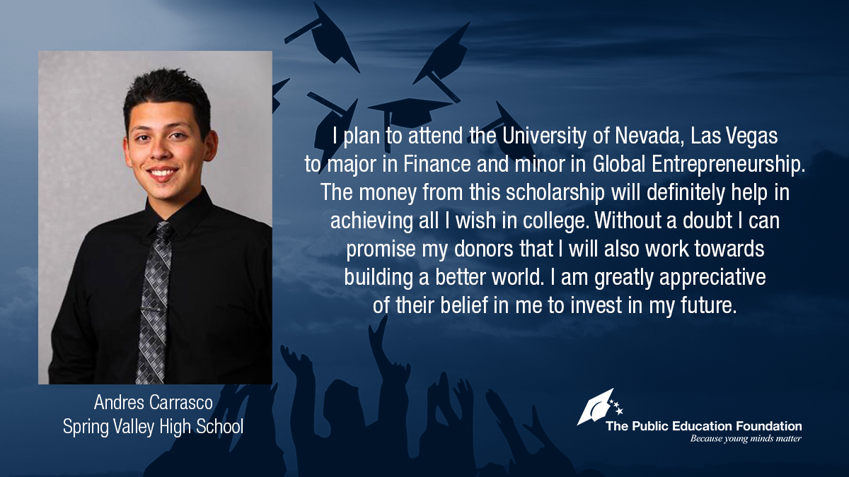 ThePEFtoday's tweet photo. This summer, we’re highlighting our amazing scholarship awardees and the donors changing the future by supporting education! 💙🎓
Congratulations Andres Carrasco awardee of a scholarship through The Public Education Foundation!
#SpringValleyHS @ClarkCountySch #ScholarshipsMatter https://t.co/cF9FGjCpeW