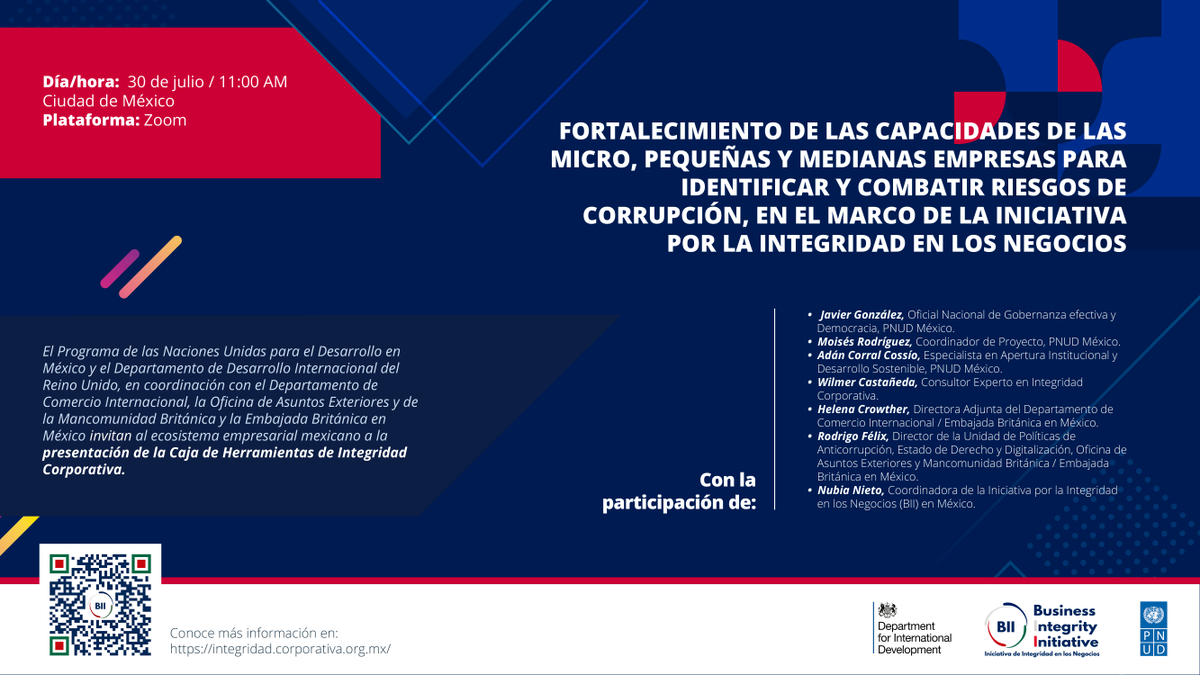 PNUD_Mexico's tweet photo. En #1hora comienza el evento de Fortalecimiento de capacidades de Mipymes contra la corrupción y la presentación de la Caja de herramientas de Integridad corporativa @AdanCoCossio @SolecitoSanR  @JavierGGG @bii_integridad
Registro: https://t.co/LXjmF0GKm1 https://t.co/pMKBxVq1Ye