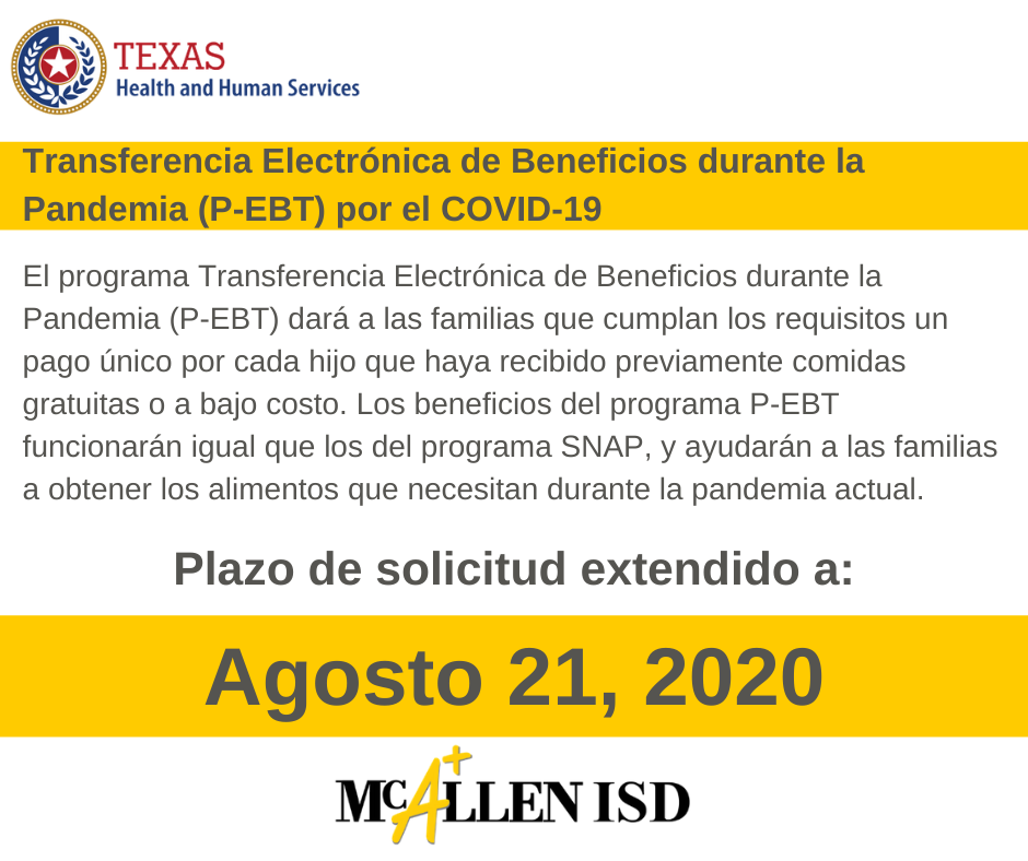 McAllenISD's tweet photo. Los beneficios del programa P-EBT se podrán solicitar hasta el 21 de agosto de 2020.
Haga clic aquí para aplicar: https://t.co/ughrLdFGas https://t.co/Xlh6K28jkw