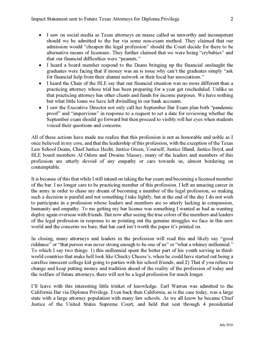 FutureTXAttys's tweet photo. A recent impact statement:

"[A]fter seeing the true colors of the members and leaders of the legal profession in response to us pointing out the genuine struggles we face in this new world and the concerns we bare, that bar card isn’t worth the paper it’s printed on." https://t.co/164b3omKs7