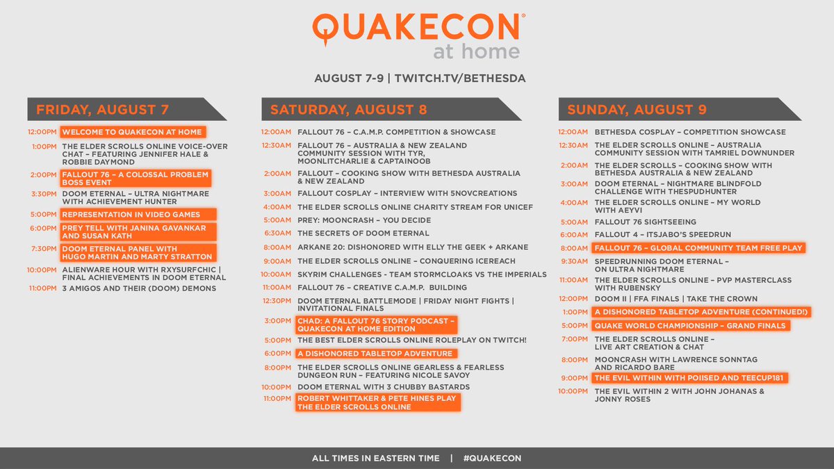 QuakeCon's tweet image. Check out the full schedule of events during #QuakeCon at Home! bethesda.net/en/article/1Wz…