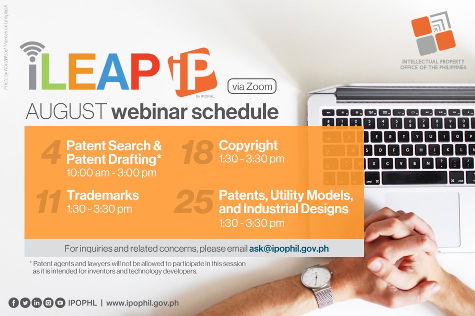 IPOPHL's tweet photo. #IPOPHL is reintroducing the #iLEAPIP x Inventor Assistance Program (IAP) Webinar for inventors and technology developers. This webinar will discuss the basics of patent search & patent drafting. Take advantage of this #freewebinar, register here: https://t.co/PiSLyeM4ym
#LearnIP https://t.co/83almR6QJb