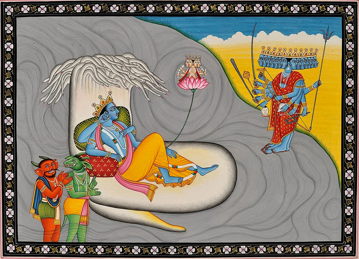In the Bhagavata Purana, Madhu and Kaitabha stole the Vedas from Brahma during the creation of the world and attempted to hide them beneath the waters of the primordial ocean.