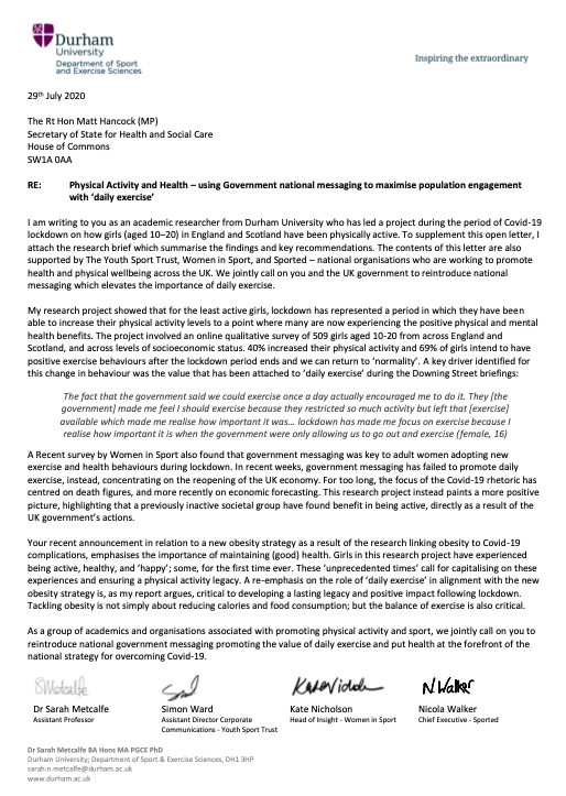 DrSarahHarding's tweet photo. I have just sent this open letter to @MattHancock at @DHSCgovuk calling on @UKParliament to reintroduce clear messaging about daily exercise https://t.co/WDfukjuwiF