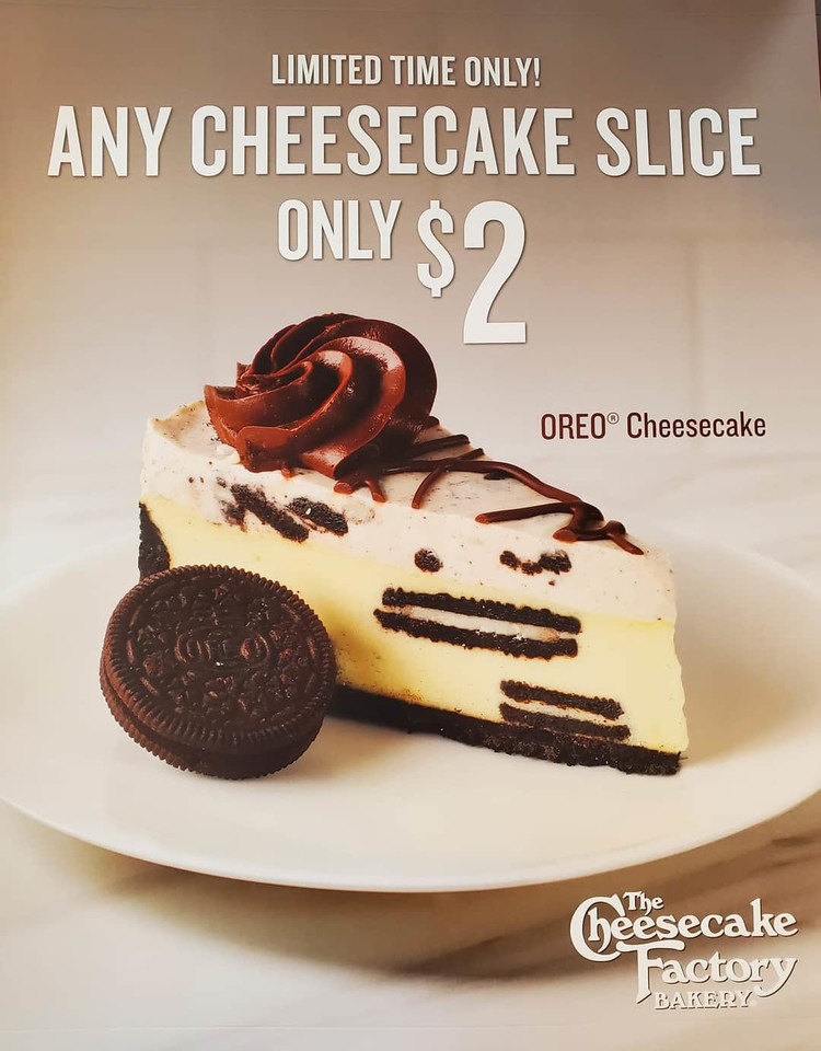 Yay! It's #NationalCheesecakeDay! 
#Chico #BNCafe is offering #CheesecakeFactory slices for just $2 each!
Flavors:
#Hersheys, #WhiteChocolateRaspberry, #Classic, #Oreo & #Cinnabon.

#YourBaristaMissesYou #135bn #chicoca #cheesecake
