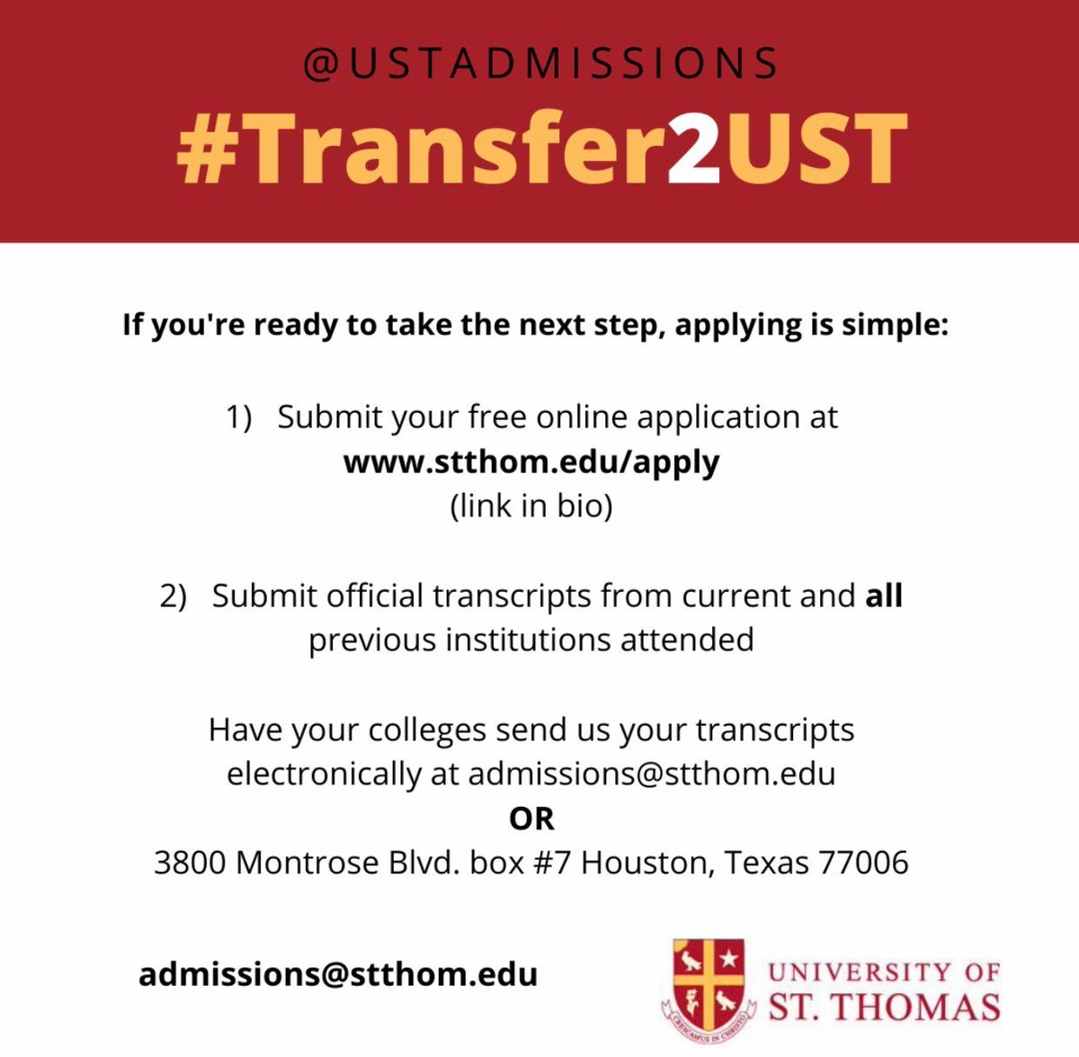 USTadmissions's tweet image. At UST, we make applying simple! Start your application to transfer to UST to open a new door of opportunities! Visit stthom.edu/apply to start your application today! 

#transfer2ust #USTHouston #Transfercommunity #Transferscholarships #smallerissmarter