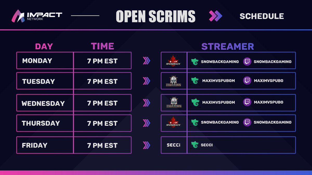 ImpacttNetwork's tweet image. 🏆Open NA scrims are LIVE now!🏆

Sign up now in the Discord: discord.gg/V5We6pK

⭐️Monday - Friday 7PM EST⭐️