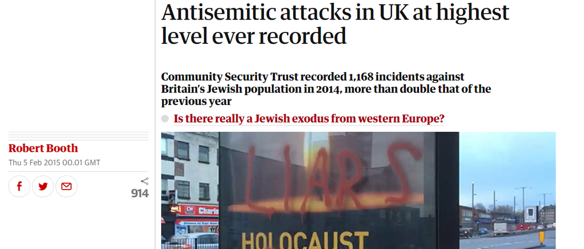 5/x Further in February 2015The Community Security Trust recorded 1168 incidents against Britain's Jewish population in 2014.Here reported in the Guardian.