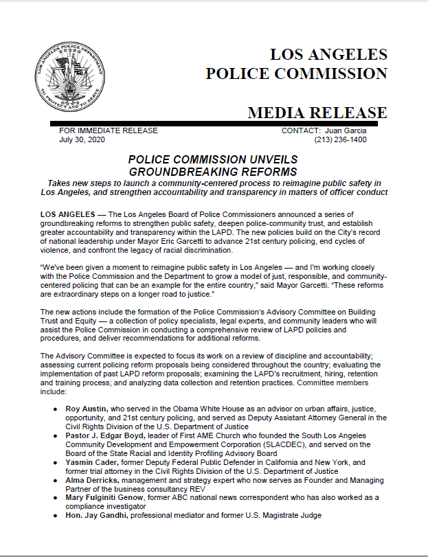 Background: starting this July, LAPD convened several reform professionals, Obama administration officials, and nonprofit executives as an "Advisory Committee on Building Trust and Equity." LAPD announced this as "groundbreaking reforms." 