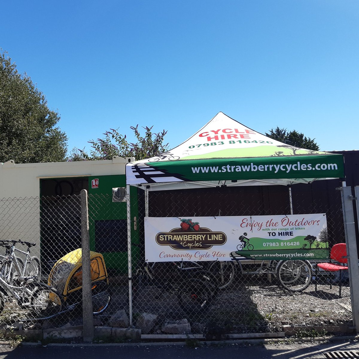 We have shade !! All set for the sunshine thanks to our new gazebo. Thanks <a href="/thatchers_cider/">Thatchers</a> for your Community Foundation's support of our project. Visit strawberrycycles.com to book bikes.
