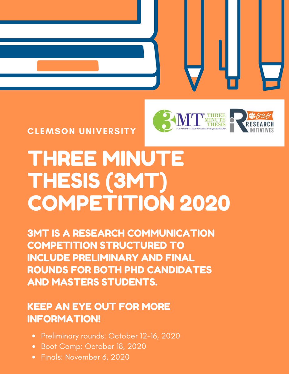 3MT is a research communication competition where students have 3 minutes to present a compelling oration on their thesis and it’s significance!

Stay tuned for more information on how to participate!
