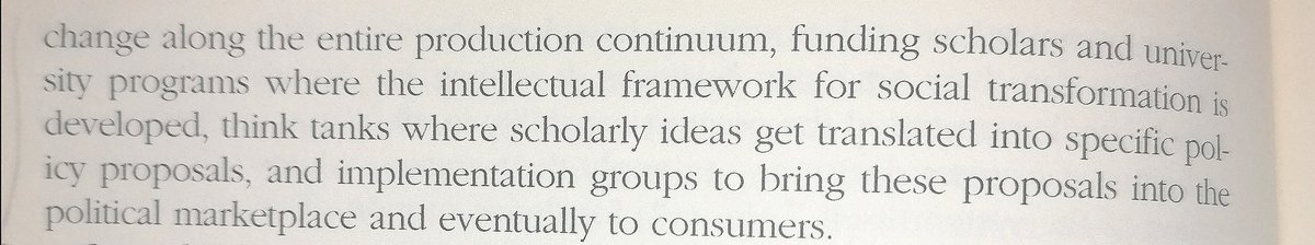 This evening's reading was the chapter in Faber & Mccarthy by Sally Covington on "Moving Public Policy to the Right: The Strategic Philanthropy of Conservative Foundations".Lots of interesting stuff on the long-term approach to using philanthropy to fund the battle of ideas: