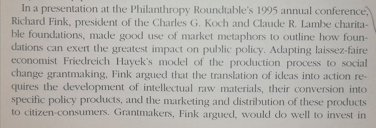 This evening's reading was the chapter in Faber & Mccarthy by Sally Covington on "Moving Public Policy to the Right: The Strategic Philanthropy of Conservative Foundations".Lots of interesting stuff on the long-term approach to using philanthropy to fund the battle of ideas: