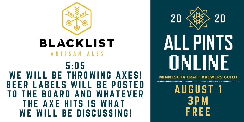 mncraftbrew's tweet photo. This Saturday, @BlacklistBeer is throwing axes during #AllPintsOnline! You can see this and other awesome content from 21 #MNBreweries during our FREE fest on August 1! 

Watch here starting at 3PM: https://t.co/M9phmaDf4a https://t.co/4Hw3oTCYRD