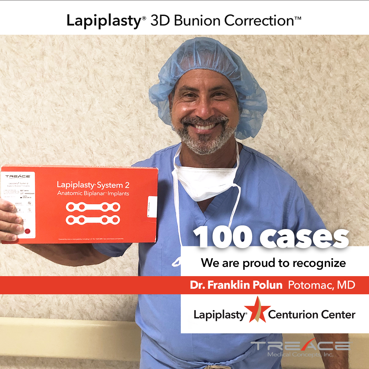 TreaceMedical's tweet photo. We are proud to congratulate Dr. Franklin Polun (Potomac, MD) on joining the Lapiplasty® Centurion club! Dr. Polun and his team recently treated their 100th Lapiplasty® 3D Bunion Correction™ patient.
#lapiplasty #fixitrightthefirsttime #evidencebasedsolution #bunion https://t.co/oSa9rrCyDV