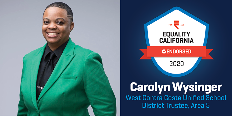 eqca's tweet photo. We are proud to endorse openly #LGBTQ+ champion
Carolyn Wysinger (@Dubb4TheKids) for West Contra Costa Unified School District Trustee, Area 5! #Vote4Equality
Check out our full list of endorsements: https://t.co/Ndg9nuLlGJ https://t.co/QO9xs34ttF