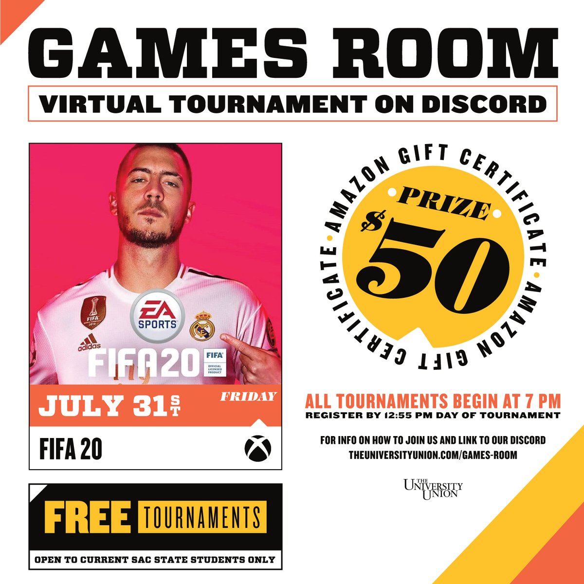sacstateunion's tweet photo. Registration is now open for our #FIFA20 #XboxOne tournament on Fri, Jul 31 via #Discord! Winner will receive a $50 Amazon gift card 😎https://t.co/VrSVXSnJsg @sacstate @taqitoburrito @esports_sac @esportsSacState https://t.co/VkSdDtdPdn