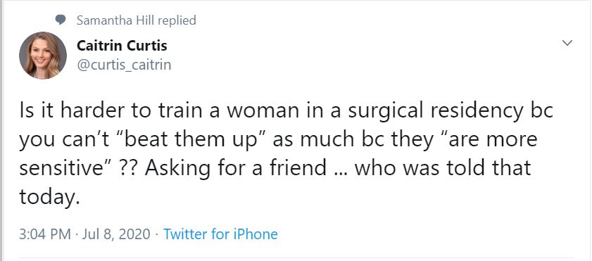 I say “historically” but of course, these ideas remain as strong as ever (that’s what happens when your industry lacks introspection on its own subculture). Ask any woman in medicine and she will tell you LOTS of stories like this one.