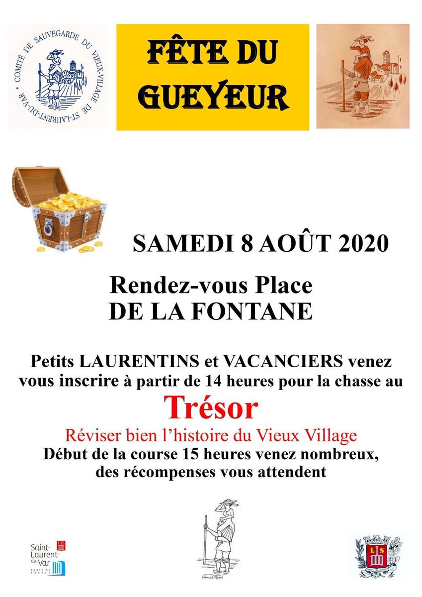 AssoRVPB's tweet photo. 🗞#Slv06 : Le 08/08, le #CSVV de #SaintLaurentDuVar organise la Fête du #Gueyeur dans le vieux village, place de la Fontaine
Rdv à partir de 14h pour la chasse aux trésors (réviser bien l’histoire du vieux village).
Début de la course à 15h
N’oubliez pas vos masques 😷 https://t.co/jPaJ7CGWxr