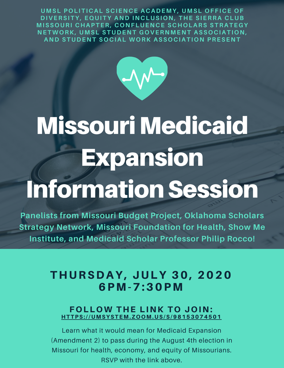 ConfluenceSSN's tweet photo. Learn more about Medicaid expansion and the ballot measure in Missouri tonight at 6pm central time! https://t.co/gun5wefPcY